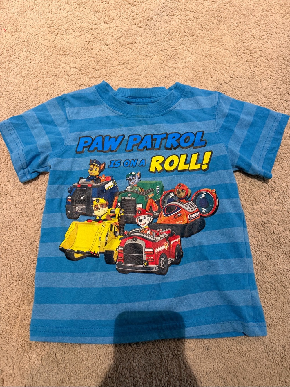 Nickelodeon Paw Patrol Blue Striped Tee with Colorful Rescue Vehicles